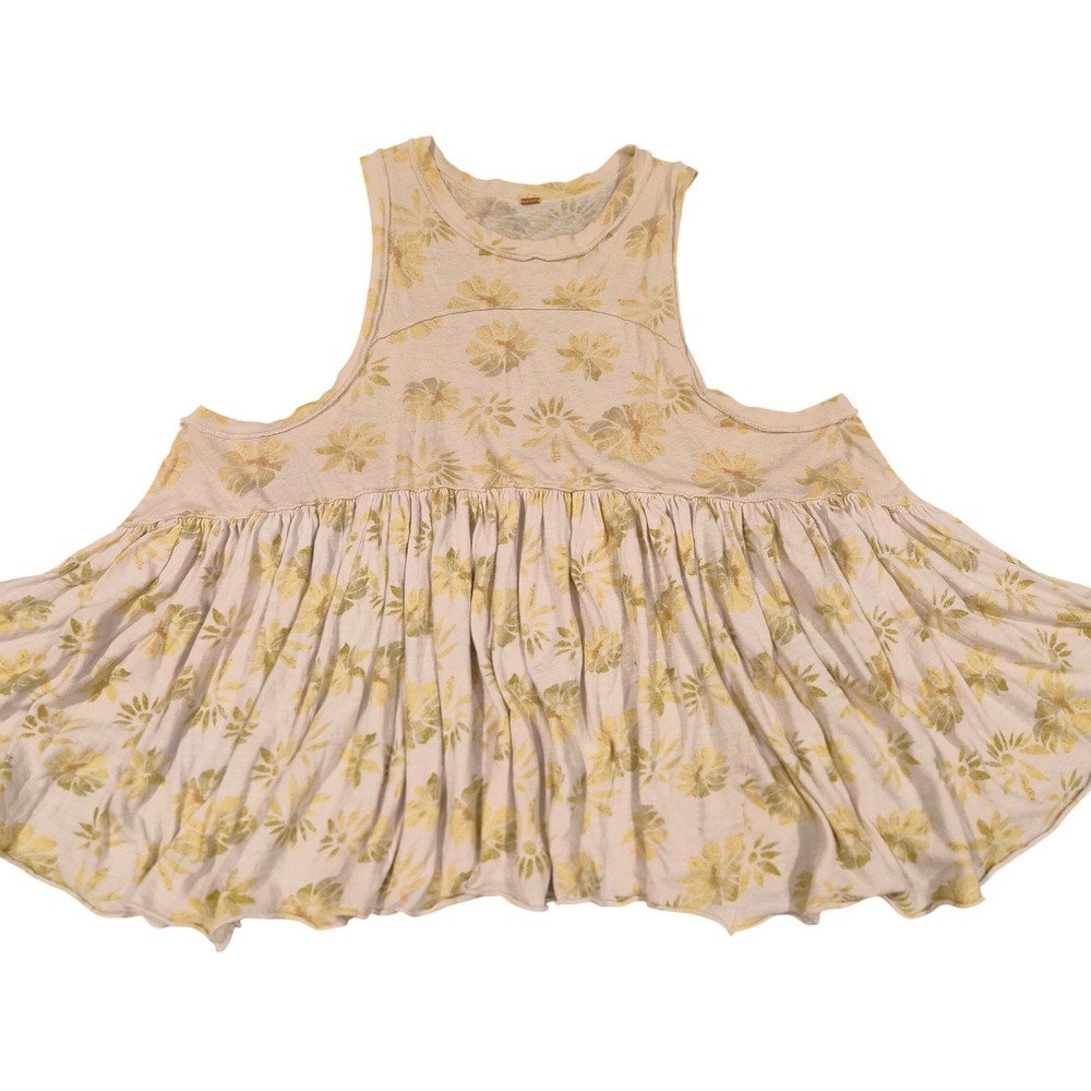 Free People Yellow Floral Babydoll Tunic Sleeveless Tank Top Boho Cream Large